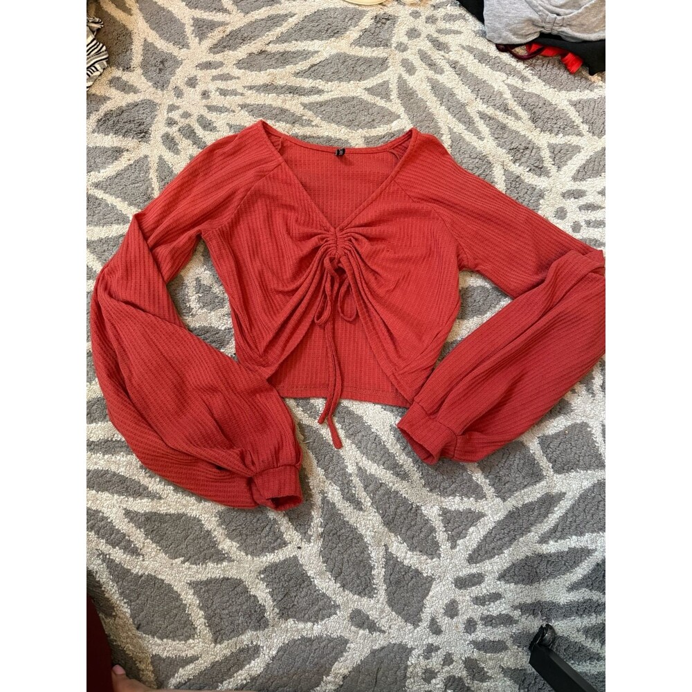Bright Red Waffle Knit Bell Sleeve Zaful Blouse
